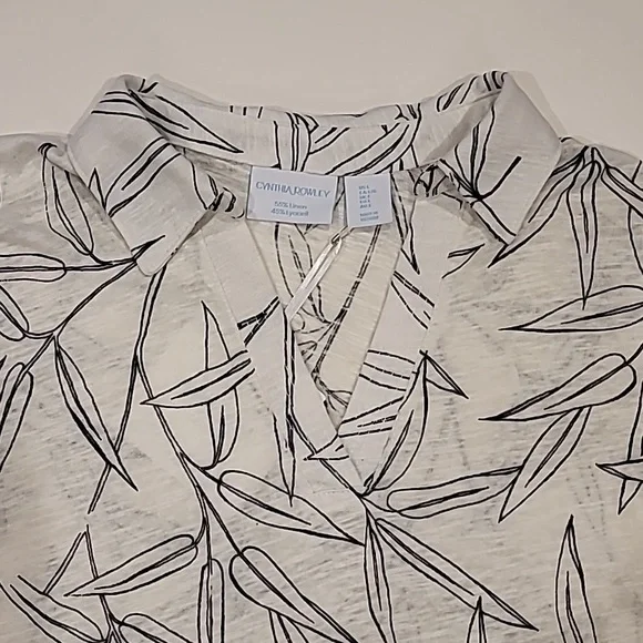 Cynthia Rowley Bamboo Leaf Print Three Quarter Sleeve Top Black Off White Large - Picture 3 of 9